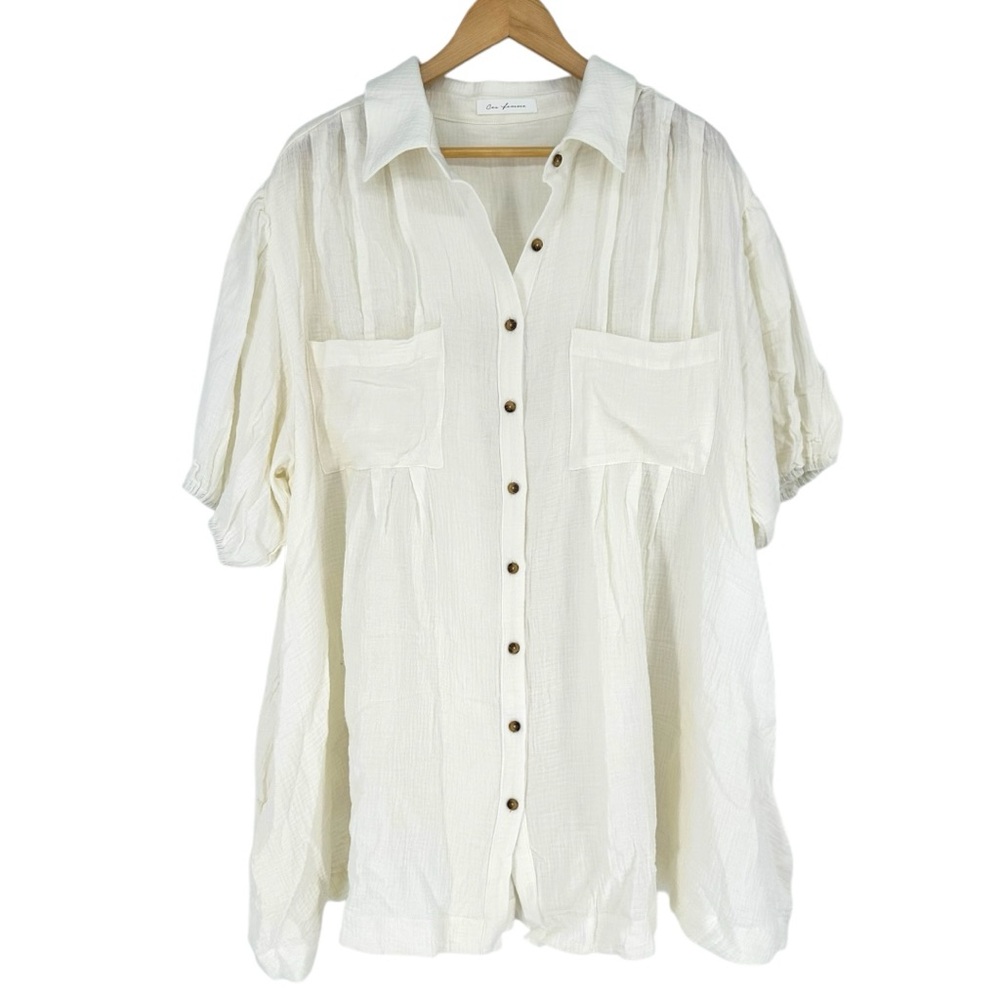 Ces Femme Ivory Puff Sleeve Button Down Mini Dress size 2X Oversized Breezy